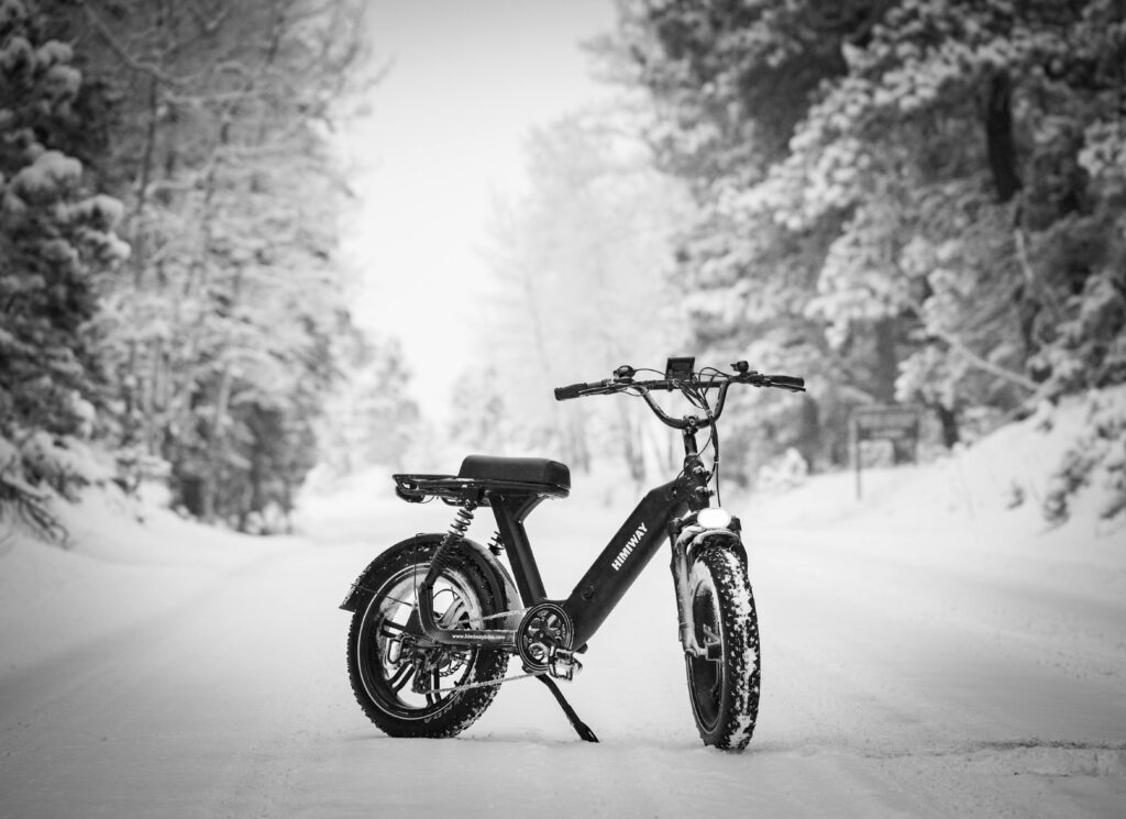 Himiway Escape pro in snowy forest demonstrating the flexibility of a fat tyre bike